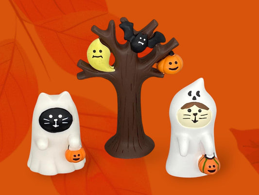 Halloween Decoreco Concombre ghost Cat ornament, Japanese cat with Pumpkin Mini Scene Furniture Holiday table decor