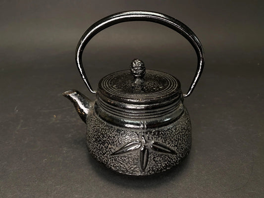 Japanese Tetsubin Nanbu Tekki, Leaf Pattern Teapot Cast iron TEA KETTLE signed, Vintage Teapot, Antique Japan, tea kettle, brush pattern