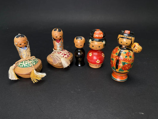 Japanese Kokeshi Dolls, Kimono 5 design dolls, Made in Japan, Small Size Wooden doll Vintage