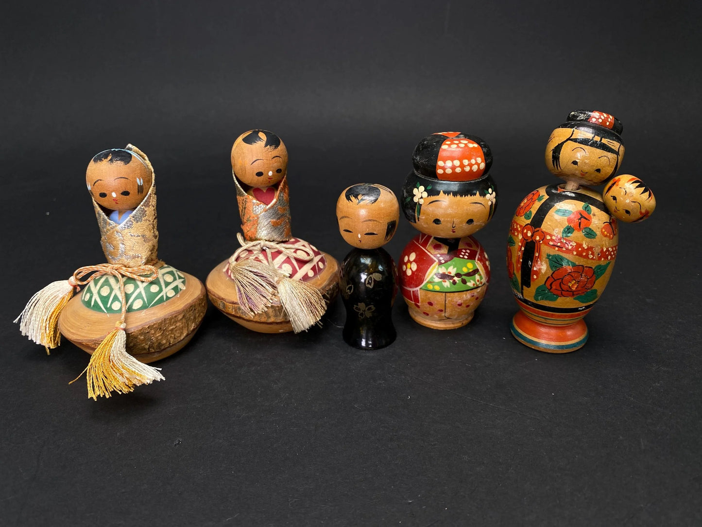 Japanese Kokeshi Dolls, Kimono 5 design dolls, Made in Japan, Small Size Wooden doll Vintage