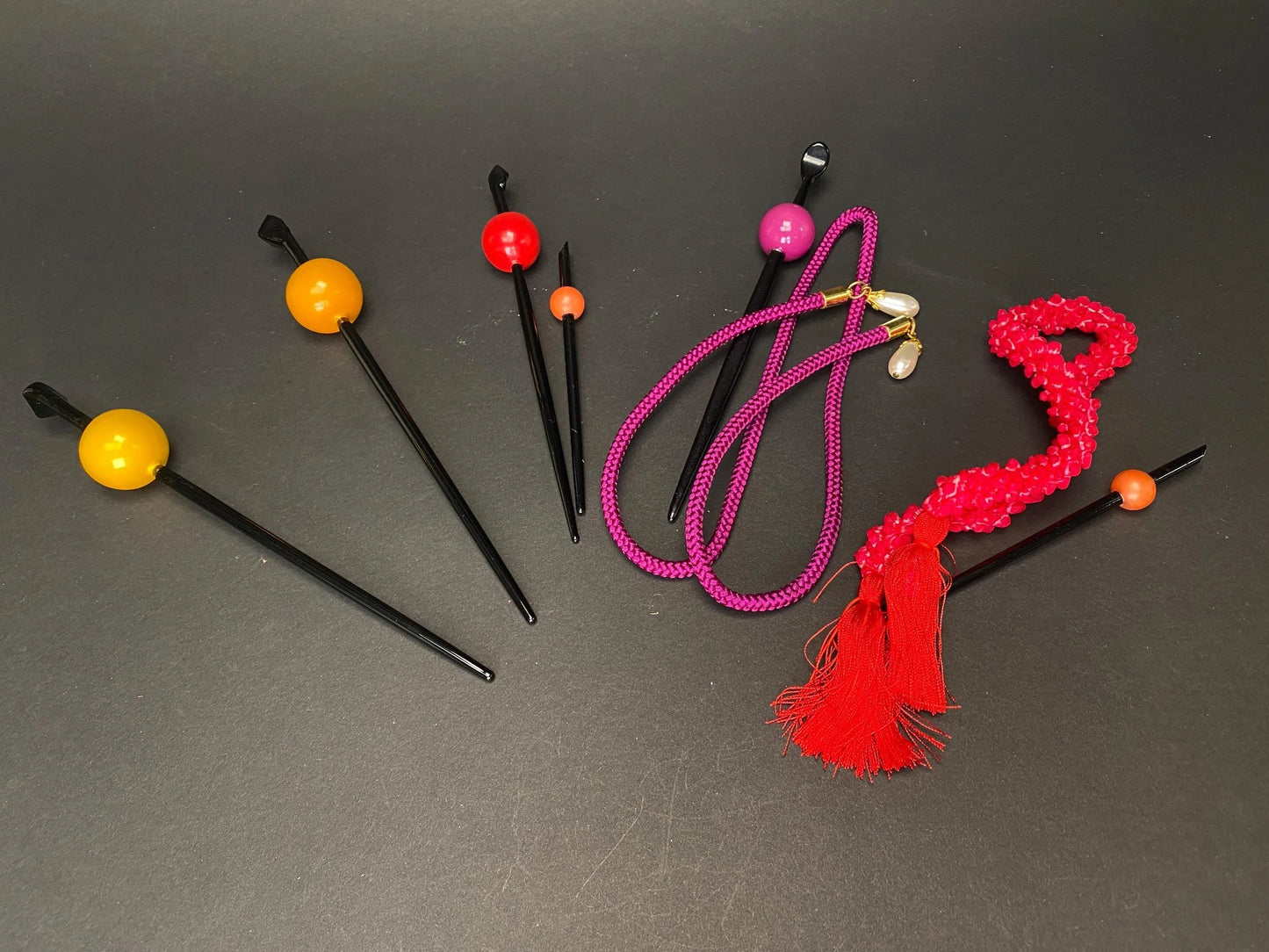 Tama Kanzashi Orange Hair Stick, Kimono Geisha Hair Stick, hair ornament, colorful Tama, Wood Tama, hair set
