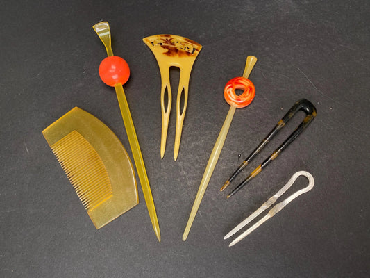 Japanese Kanzashi Kimono Geisha, Yellow & Black lacquerware hair stick, transparent Tama, Kushi Comb, Hair Ornament