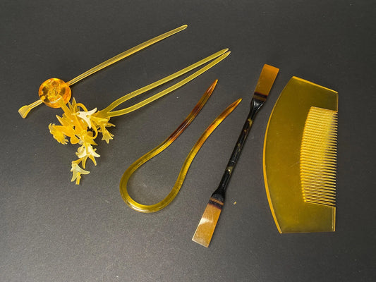 Japan Kanzashi Kimono Geisha, transparent Tama, Yellow hawksbill style hair stick,Kushi Comb, Hair Ornament