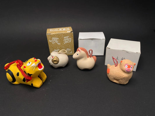 Japanese Zodiac Clay bell Figurine, Clay Doll Figure lucky charm Tiger, Sheep, Horse, & Monkey Ornament