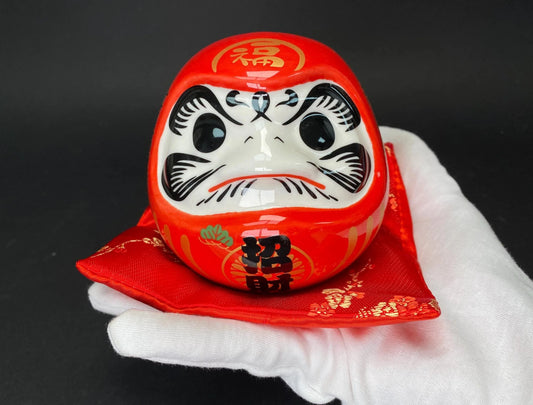 Red Daruma Doll Money Bank with Cushion, NEW Good Fortune Ornament Ceramic Coin Jar, New Year Gift, Zen Home Office Decor