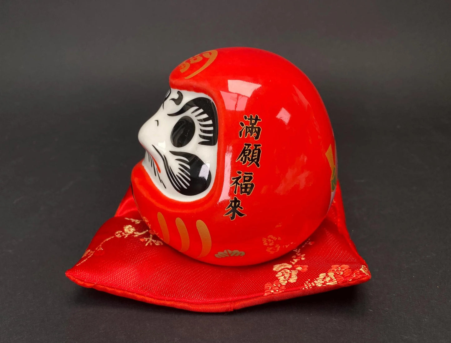 Red Daruma Doll Money Bank with Cushion, NEW Good Fortune Ornament Ceramic Coin Jar, New Year Gift, Zen Home Office Decor