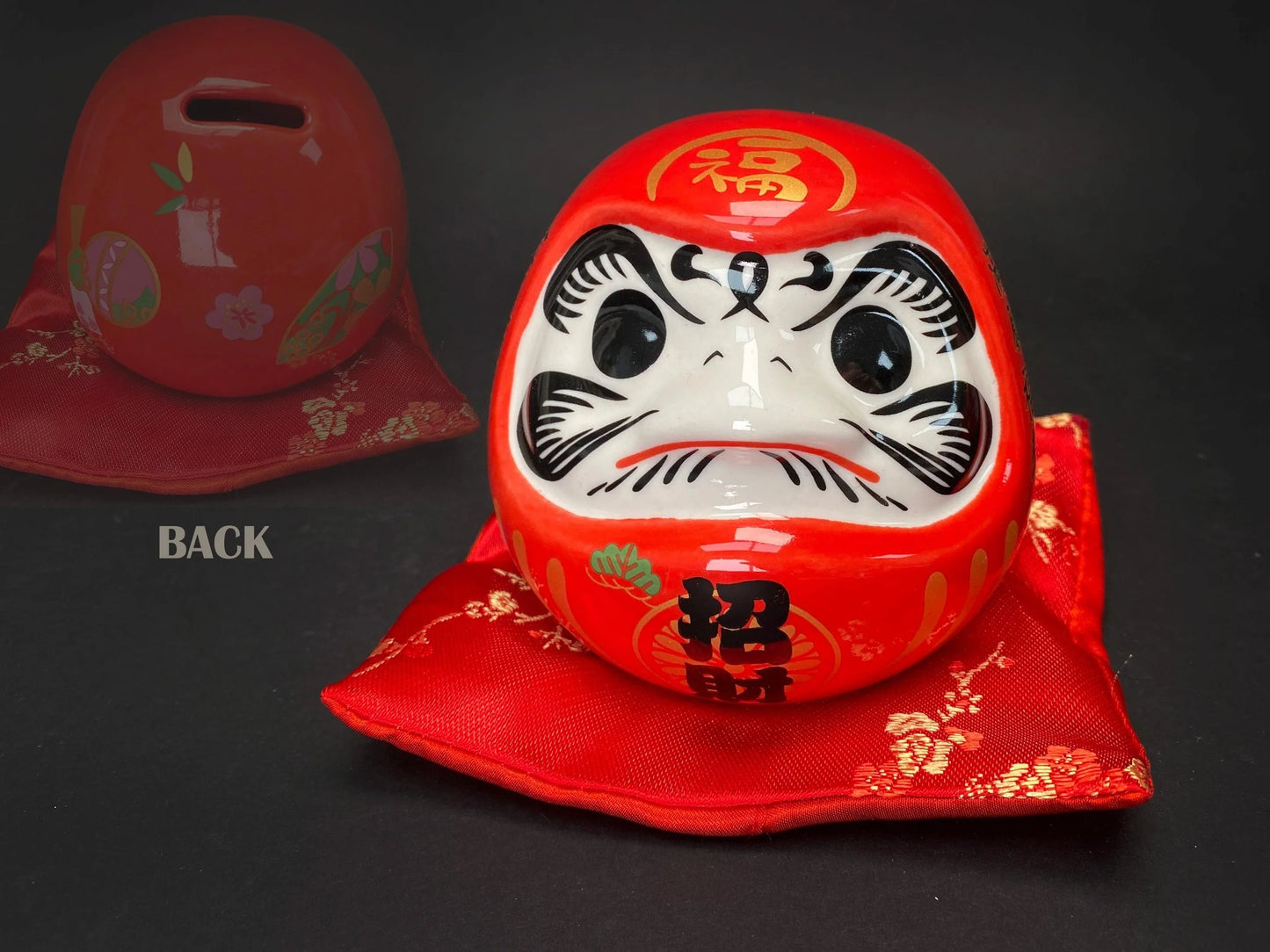 Red Daruma Doll Money Bank with Cushion, NEW Good Fortune Ornament Ceramic Coin Jar, New Year Gift, Zen Home Office Decor