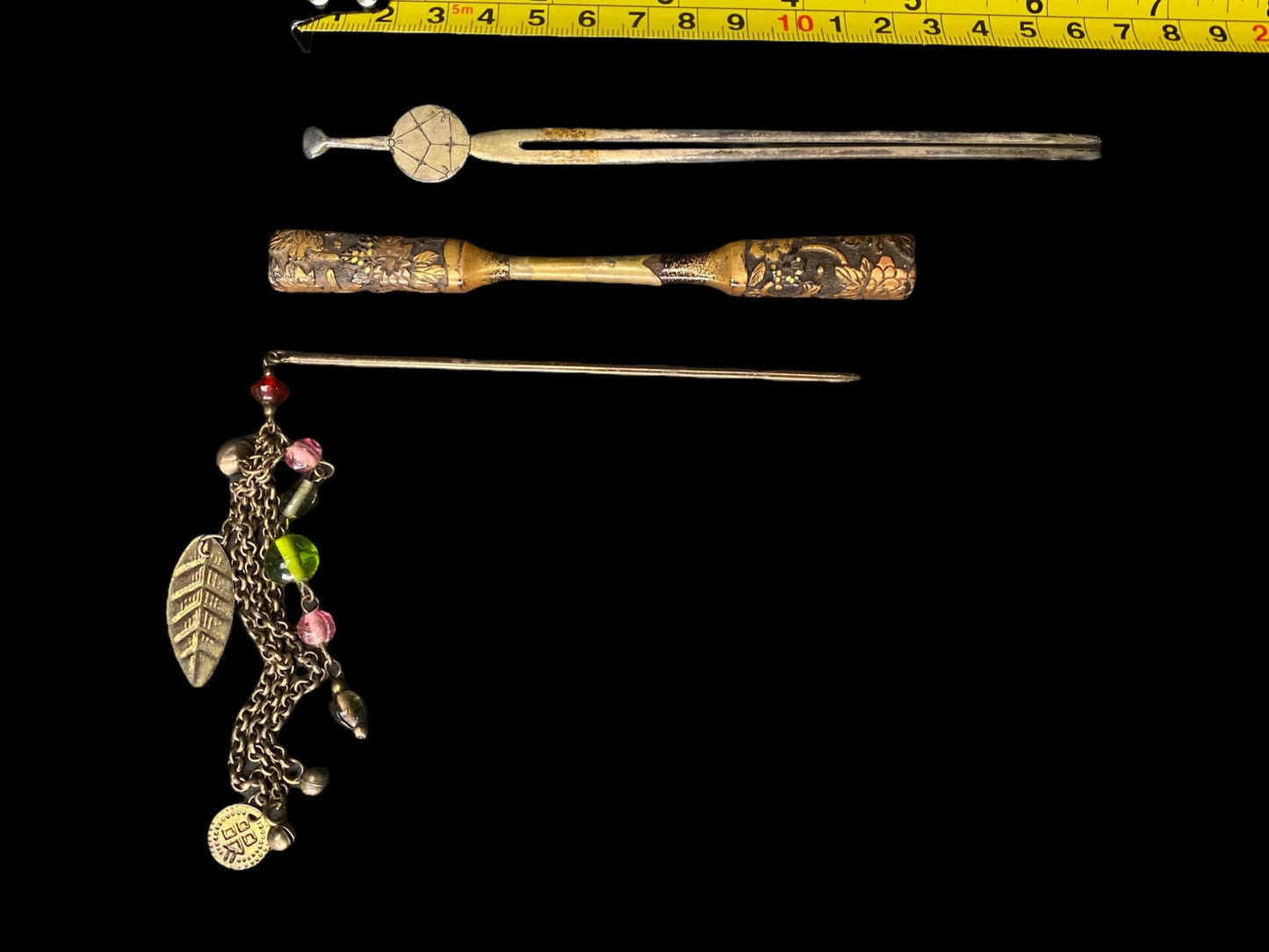 Japanese Kanzashi Antique Metalwork Hairpin Silver Hair Stick, Kogai, Ogi, Kimono Geisha Bira-bira, Metal hair stick, Hair Ornament