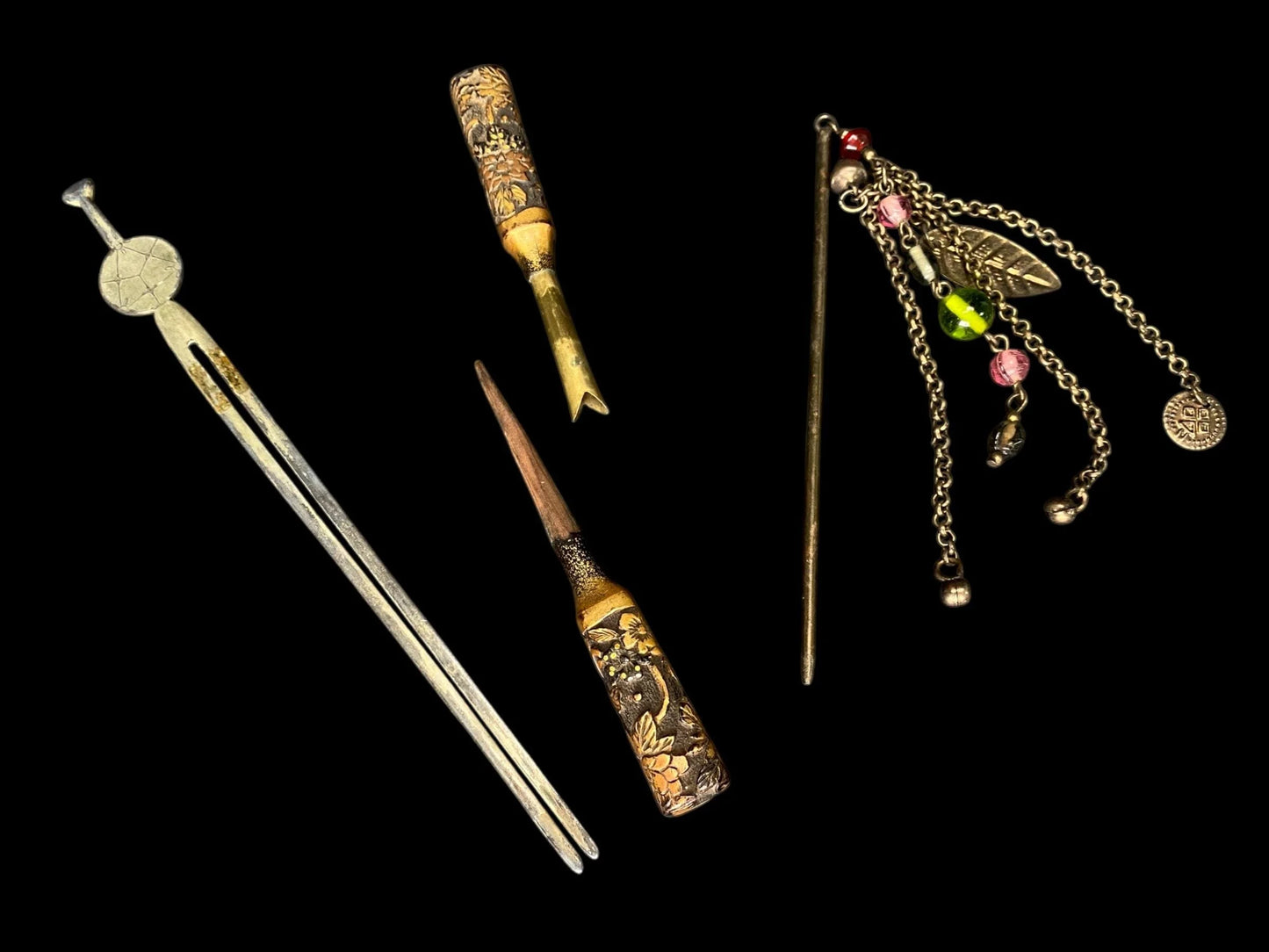 Japanese Kanzashi Antique Metalwork Hairpin Silver Hair Stick, Kogai, Ogi, Kimono Geisha Bira-bira, Metal hair stick, Hair Ornament