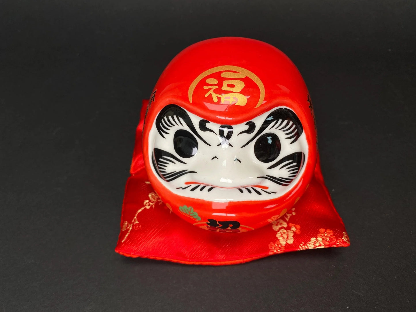 Red Daruma Doll Money Bank with Cushion, NEW Good Fortune Ornament Ceramic Coin Jar, New Year Gift, Zen Home Office Decor