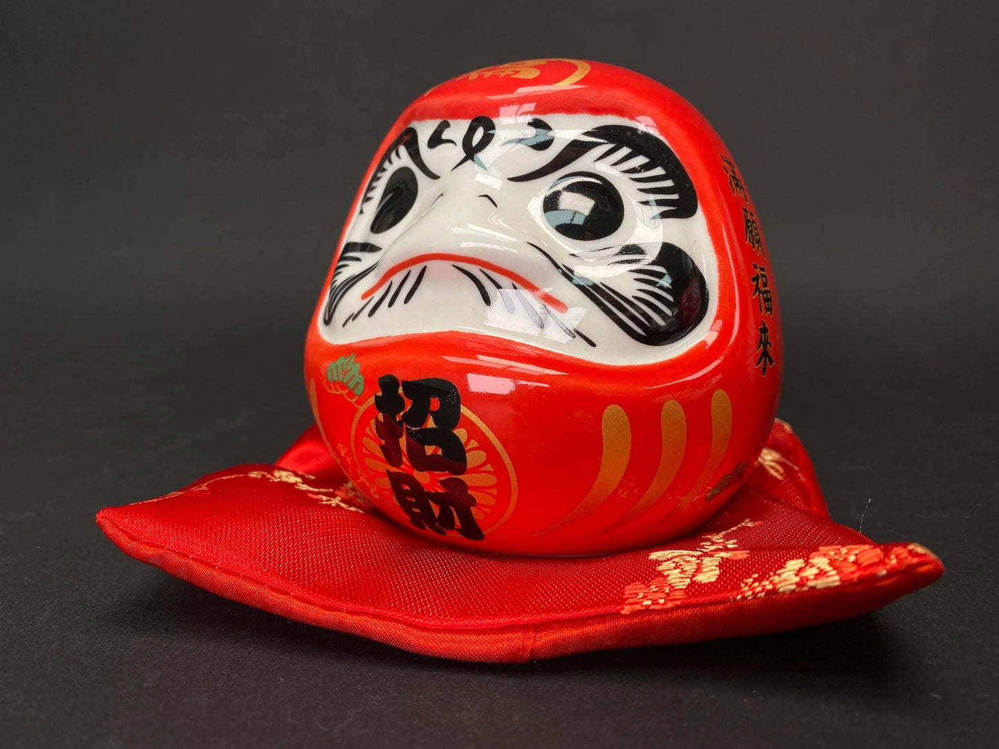 Red Daruma Doll Money Bank with Cushion, NEW Good Fortune Ornament Ceramic Coin Jar, New Year Gift, Zen Home Office Decor