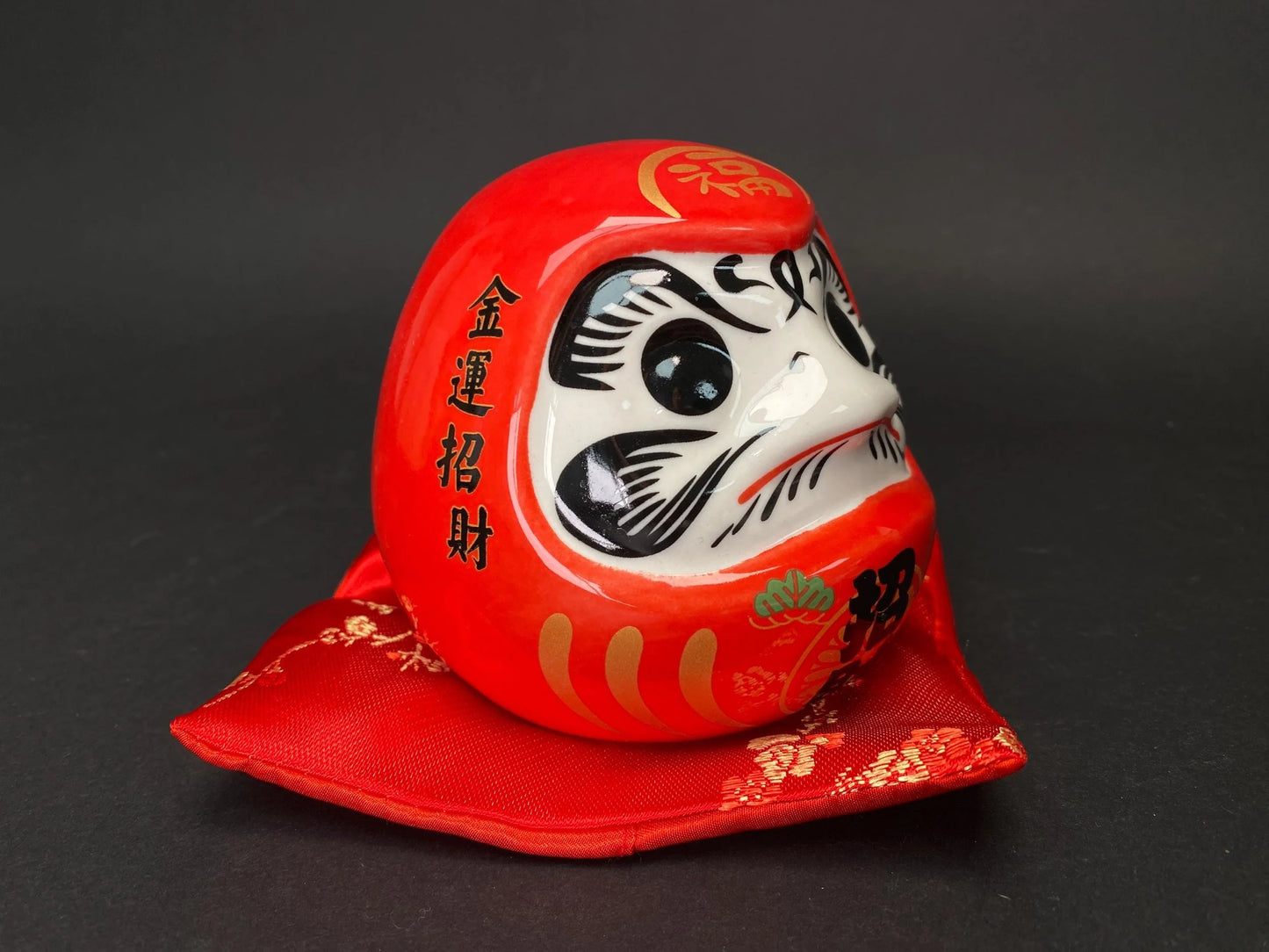 Red Daruma Doll Money Bank with Cushion, NEW Good Fortune Ornament Ceramic Coin Jar, New Year Gift, Zen Home Office Decor