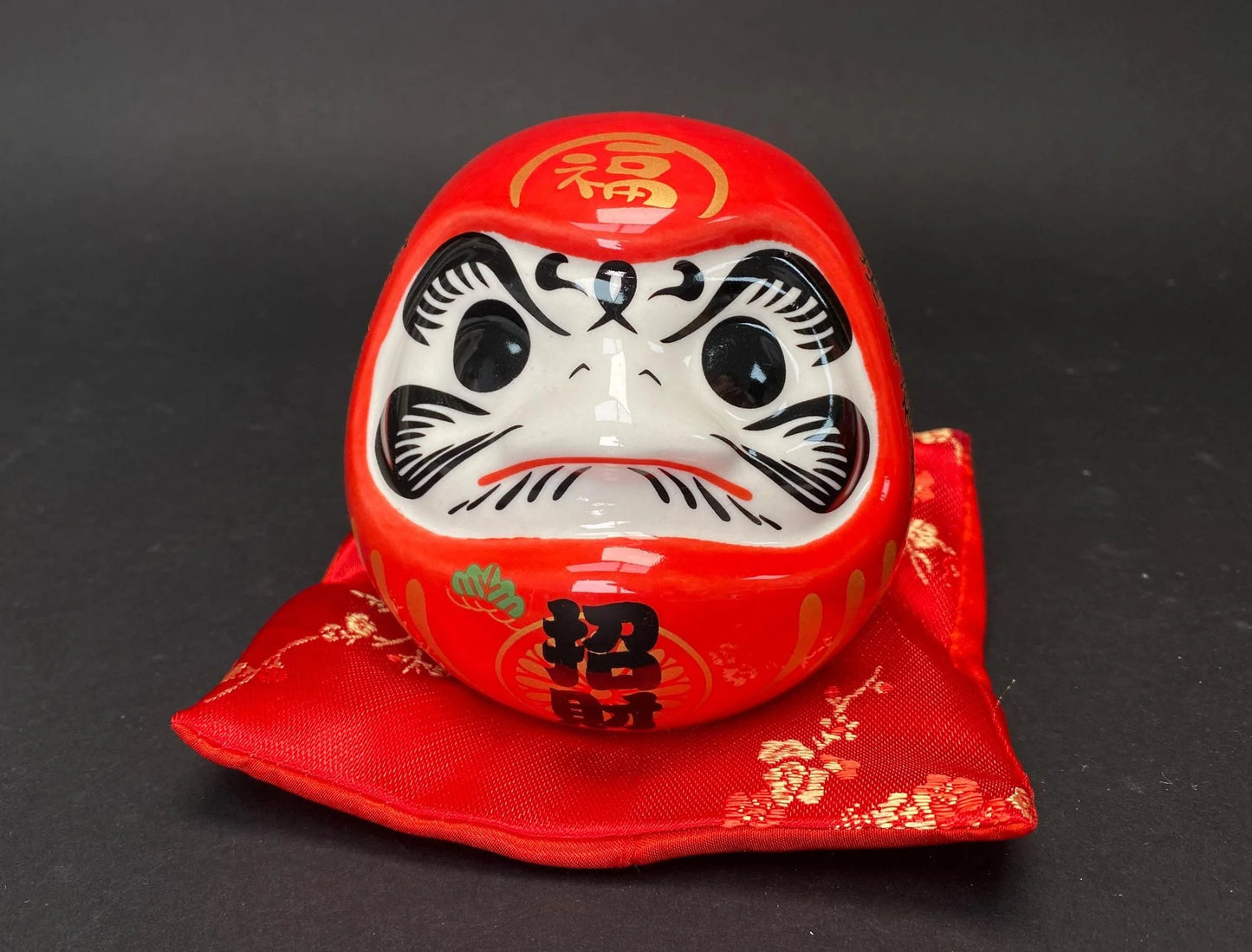 Red Daruma Doll Money Bank with Cushion, NEW Good Fortune Ornament Ceramic Coin Jar, New Year Gift, Zen Home Office Decor
