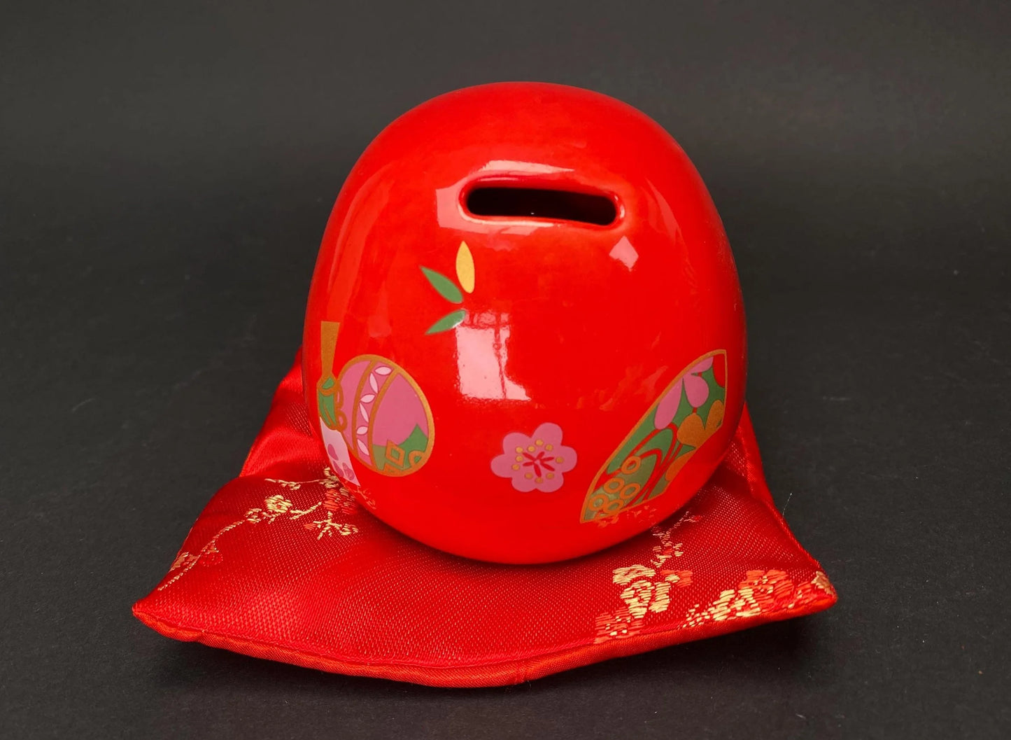 Red Daruma Doll Money Bank with Cushion, NEW Good Fortune Ornament Ceramic Coin Jar, New Year Gift, Zen Home Office Decor
