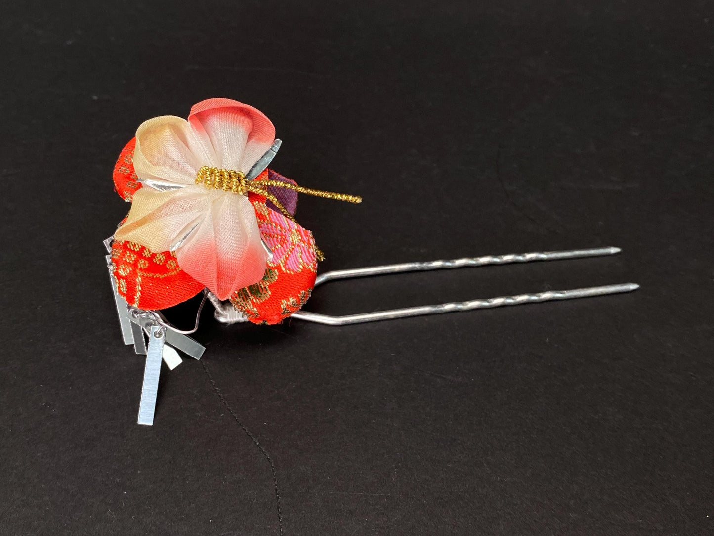 Japanese Kanzashi Kimono Geisha, Red &gold Traditional Floral Tsumami Kanzashi for Kimono, Yukata, Geisha, Festival