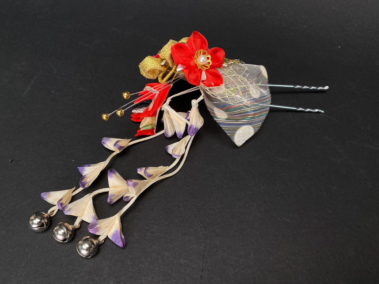 Japanese Kanzashi Kimono Geisha, Red &gold Traditional Floral Tsumami Kanzashi for Kimono, Yukata, Geisha, Festival