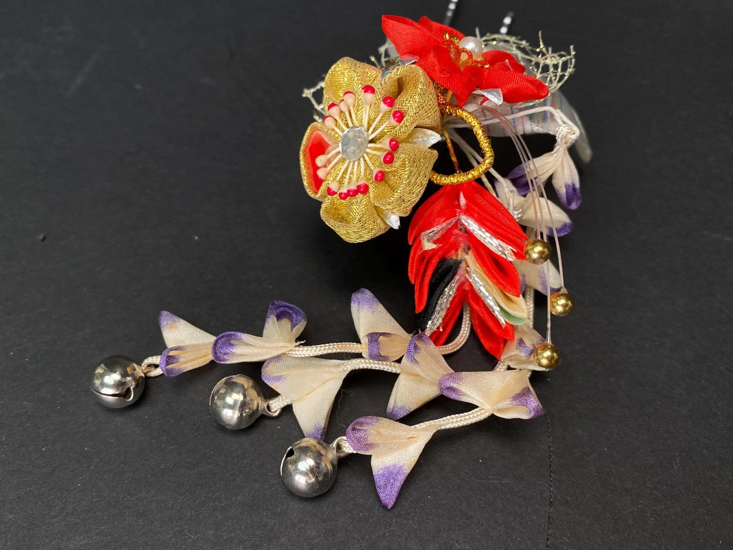 Japanese Kanzashi Kimono Geisha, Red &gold Traditional Floral Tsumami Kanzashi for Kimono, Yukata, Geisha, Festival