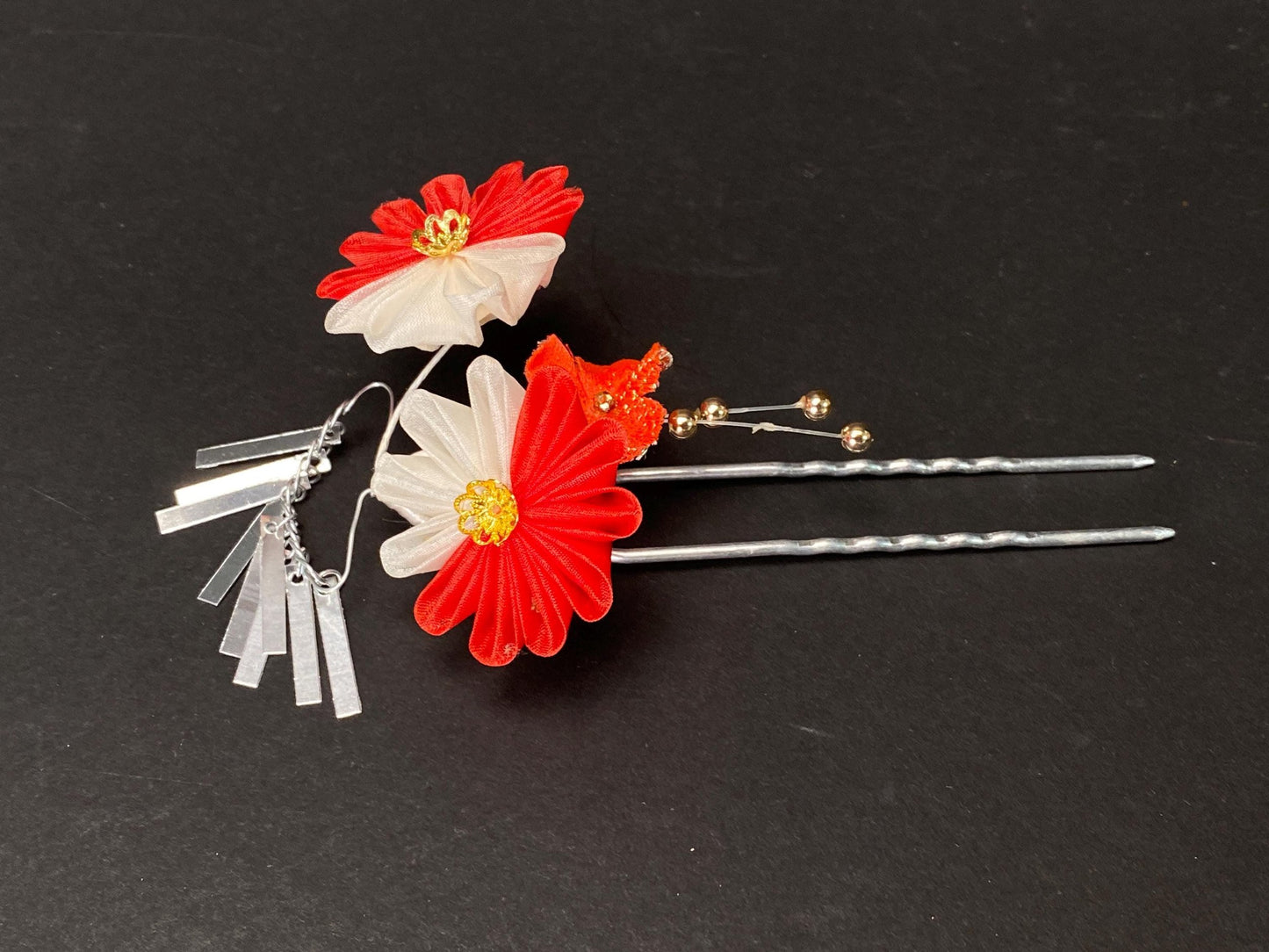 Japanese Kanzashi Kimono Geisha, Red &gold Traditional Floral Tsumami Kanzashi for Kimono, Yukata, Geisha, Festival