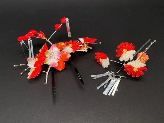 Japan Kanzashi Kimono Geisha Set, Handmade Red & White Floral Tsumami Zaiku for Kimono, Wedding, Festival or Cosplay
