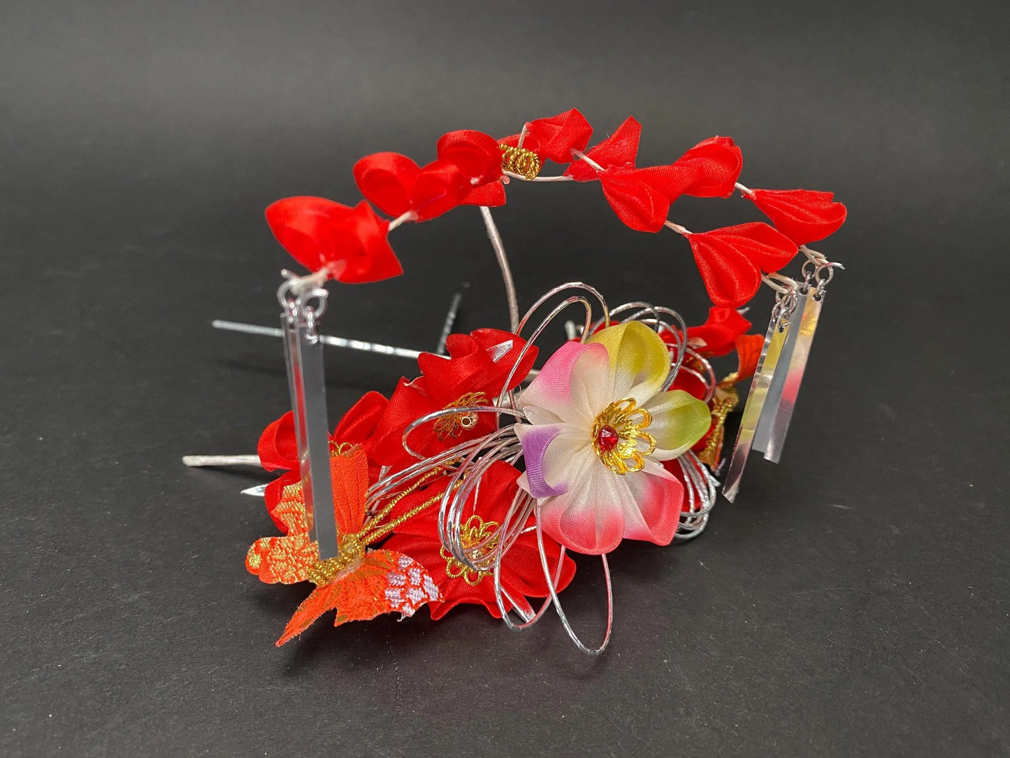 Handmade Kanzashi Hair Set Red Floral 4 Pieces