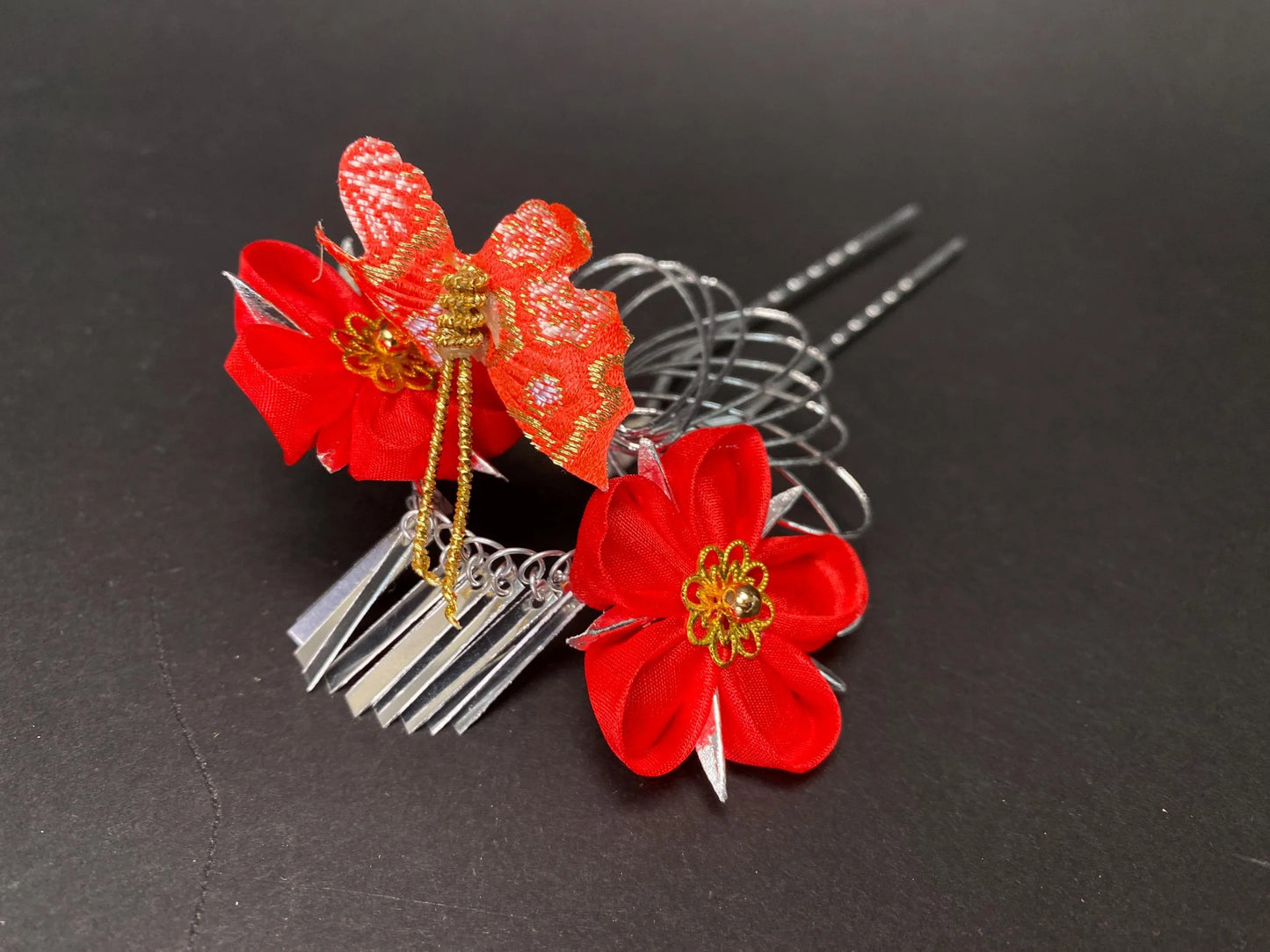 Handmade Kanzashi Hair Set Red Floral 4 Pieces