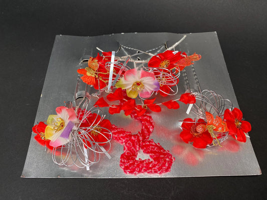 Japan Kanzashi Kimono Geisha hair Set of 4, Handmade Red & White Floral Tsumami Zaiku, rope for Kimono, Wedding, Children Festival, Cosplay