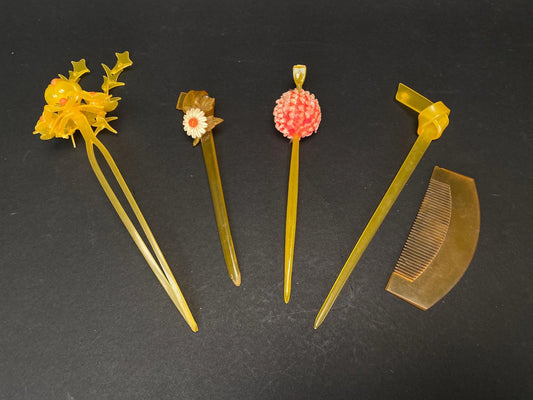 Japan Kanzashi Kimono Geisha, Unique Yellow lacquerware hair stick, transparent Tama, Kushi Comb, Hair Ornament