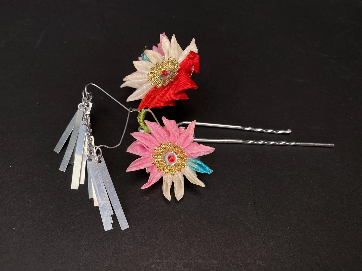 Japanese Kanzashi Kimono Geisha, Red &gold Traditional Floral Tsumami Kanzashi for Kimono, Yukata, Geisha, Festival