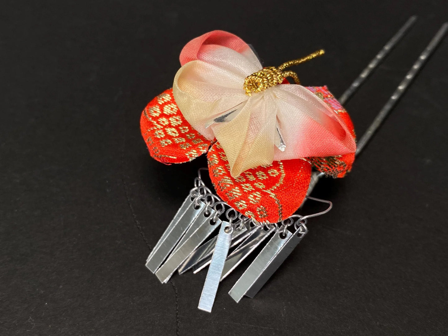 Japanese Kanzashi Kimono Geisha, Red &gold Traditional Floral Tsumami Kanzashi for Kimono, Yukata, Geisha, Festival