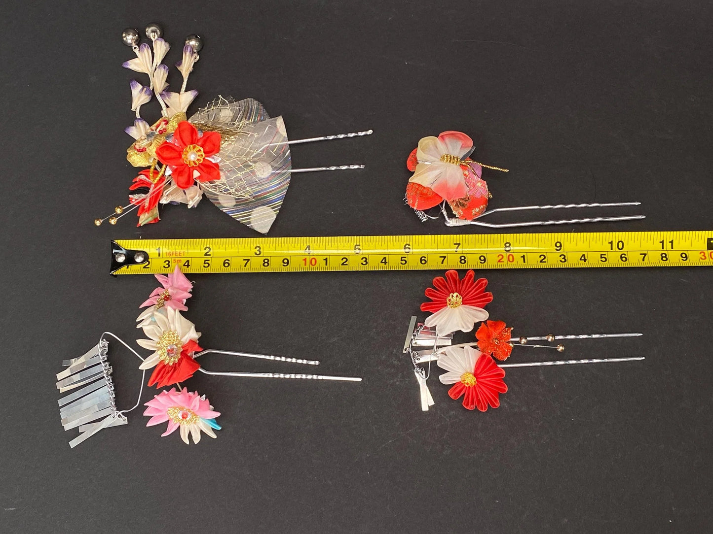 Japanese Kanzashi Kimono Geisha, Red &gold Traditional Floral Tsumami Kanzashi for Kimono, Yukata, Geisha, Festival