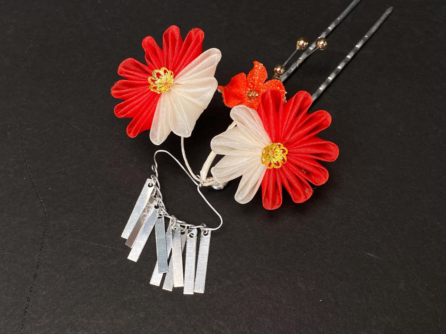 Japanese Kanzashi Kimono Geisha, Red &gold Traditional Floral Tsumami Kanzashi for Kimono, Yukata, Geisha, Festival