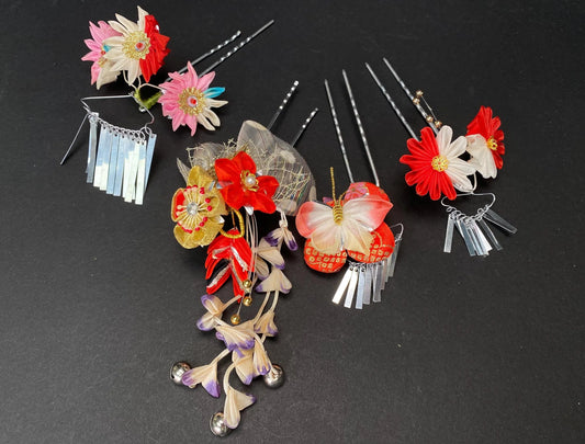 Japanese Kanzashi Kimono Geisha, Red &gold Traditional Floral Tsumami Kanzashi for Kimono, Yukata, Geisha, Festival