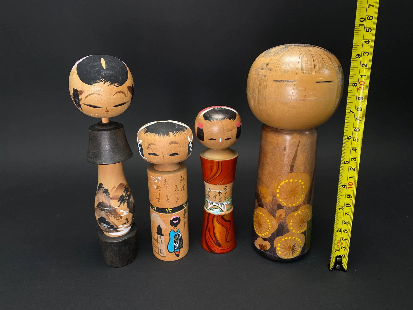 Japanese Kokeshi Dolls, Big Kimono 4 design dolls, Made in Japan, median Size Wooden doll Vintage