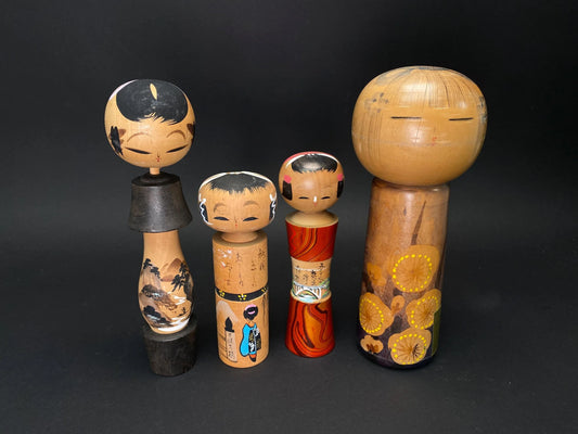 Japanese Kokeshi Dolls, Big Kimono 4 design dolls, Made in Japan, median Size Wooden doll Vintage
