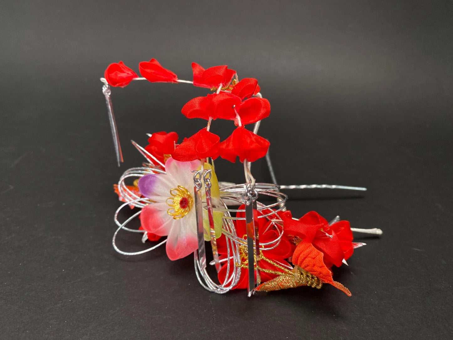 Handmade Kanzashi Hair Set Red Floral 4 Pieces