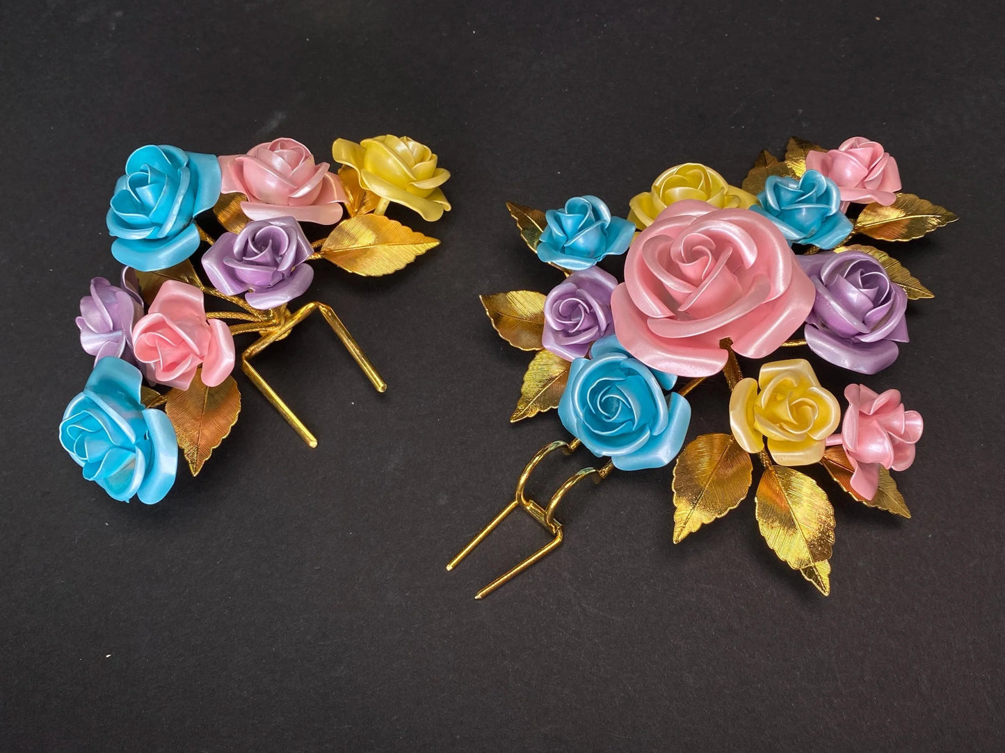 Japanese Kanzashi floral metal Hairpin Set of 9: Japanese Bridal Roses, Pink & Blue Kimono Geisha in luxury box