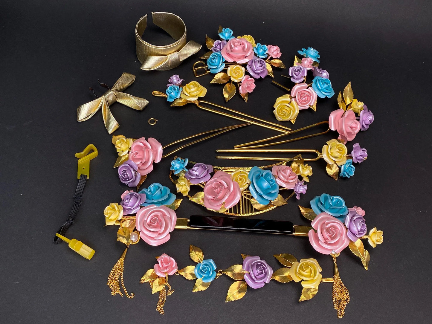 Japanese Kanzashi floral metal Hairpin Set of 9: Japanese Bridal Roses, Pink & Blue Kimono Geisha in luxury box