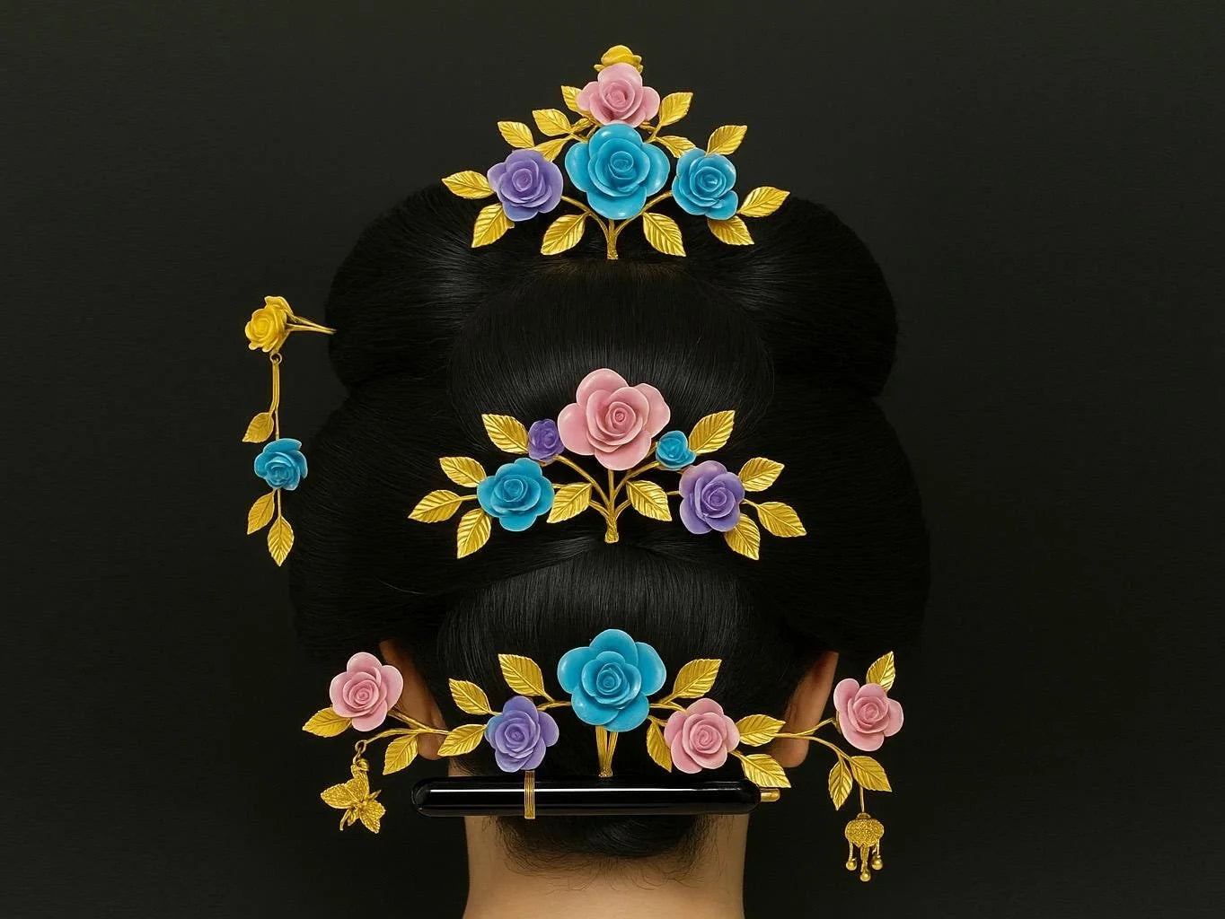 Japanese Kanzashi floral metal Hairpin Set of 9: Japanese Bridal Roses, Pink & Blue Kimono Geisha in luxury box