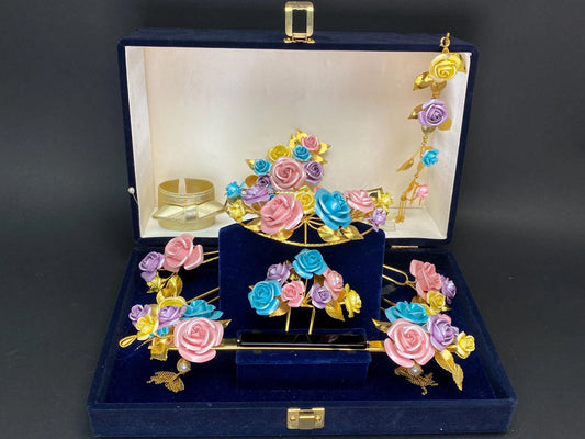 Japanese Kanzashi floral metal Hairpin Set of 9: Japanese Bridal Roses, Pink & Blue Kimono Geisha in luxury box