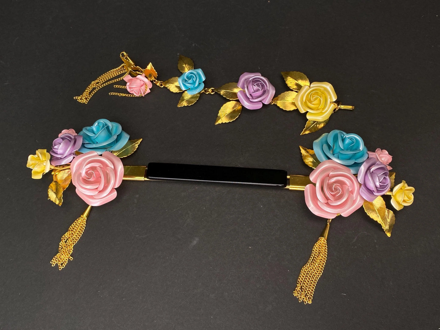 Japanese Kanzashi floral metal Hairpin Set of 9: Japanese Bridal Roses, Pink & Blue Kimono Geisha in luxury box