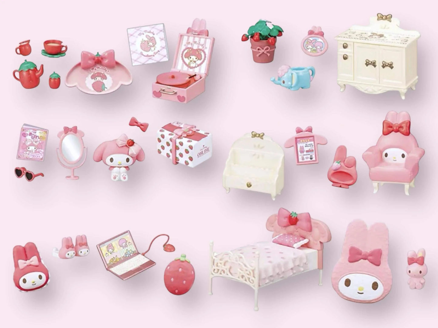 Sanrio My Melody and Strawberry Room, Secret Mascot blind Box, Blind Box, Cute Play House, Rement Miniature Furniture Toy, Melody set