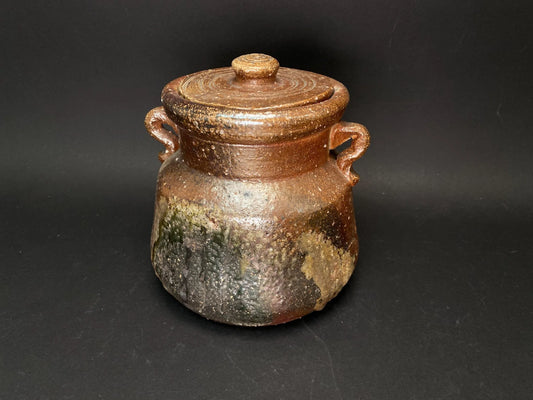 Bizen ware yaki Ikebana Container Art Pottery signed, Japanese Wabi Sabi lidded pot with handle, hand crafted Bizen Ceramic Storage Jar！