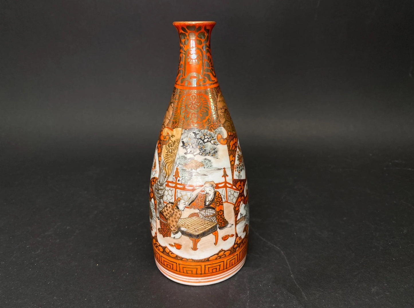 Antique Japanese Kutani Nishino Sake Bottle satsuma style Porcelain Tokkuri signed, Red & Gold Figurative collectible kutani sake bottle