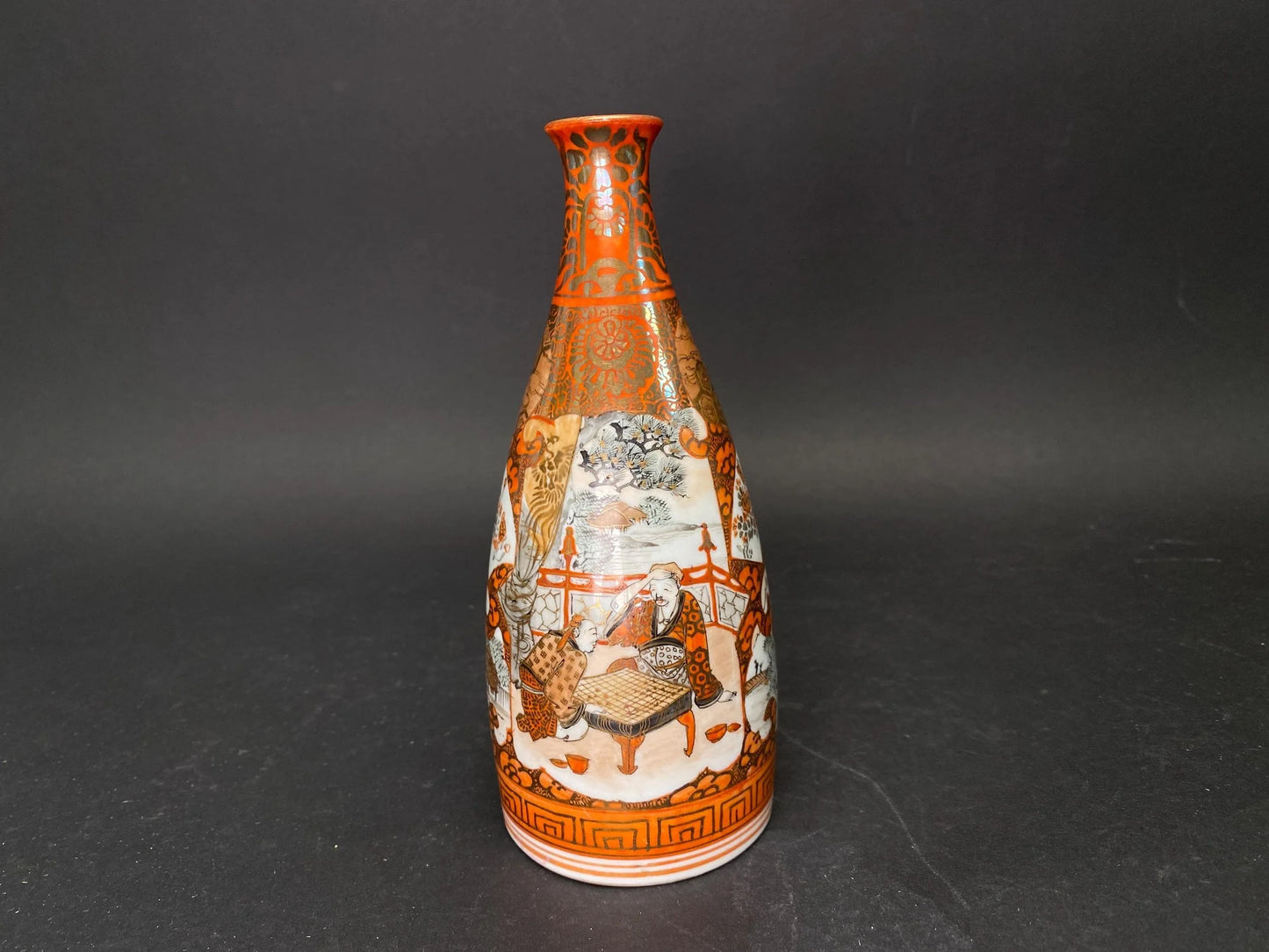 Antique Japanese Kutani Nishino Sake Bottle satsuma style Porcelain Tokkuri signed, Red & Gold Figurative collectible kutani sake bottle