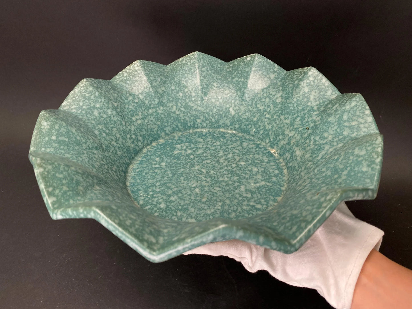 Japanese Speckled Green Ikebana Vase: Dia 11" Low Profile Big Stoneware Planter vintage Mint Condition