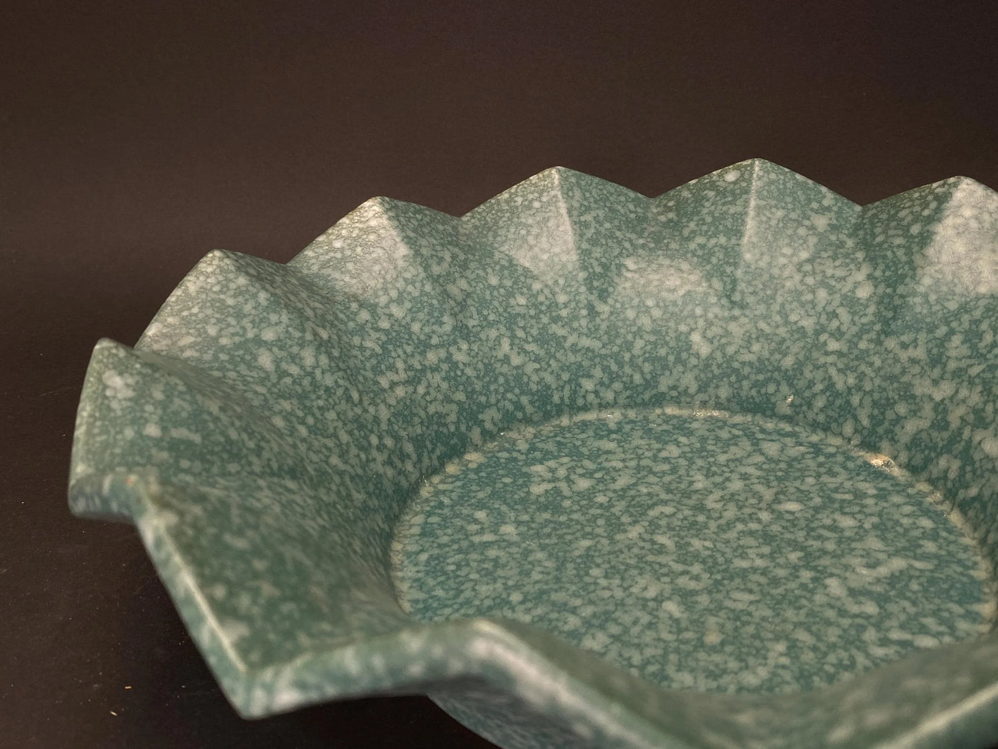 Japanese Speckled Green Ikebana Vase: Dia 11" Low Profile Big Stoneware Planter vintage Mint Condition