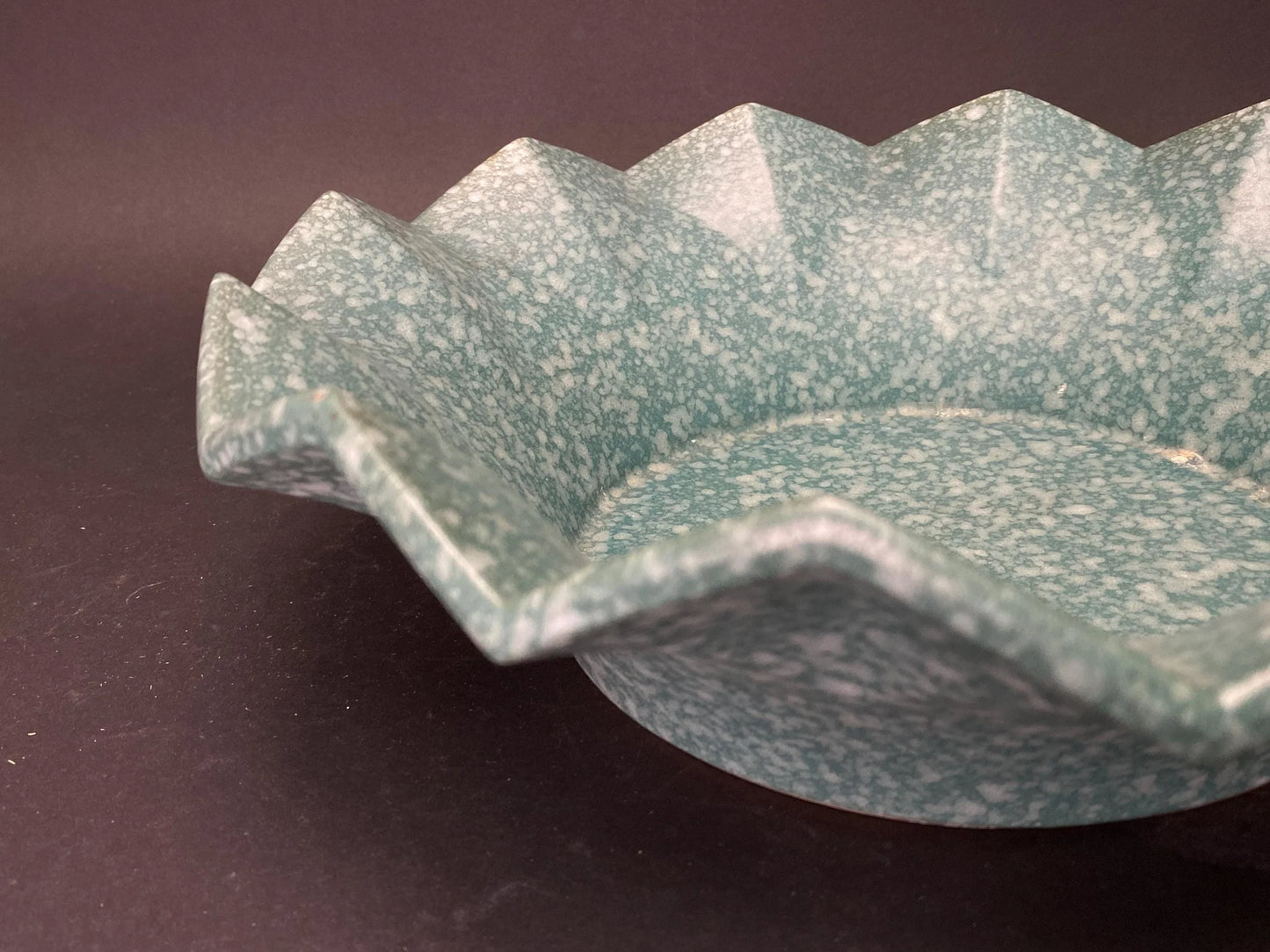 Japanese Speckled Green Ikebana Vase: Dia 11" Low Profile Big Stoneware Planter vintage Mint Condition