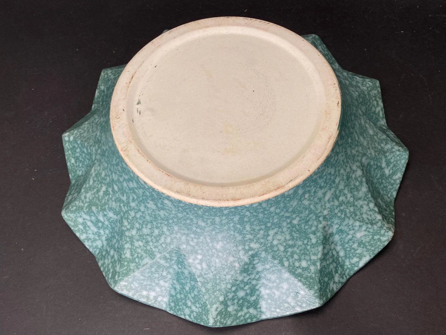Japanese Speckled Green Ikebana Vase: Dia 11" Low Profile Big Stoneware Planter vintage Mint Condition