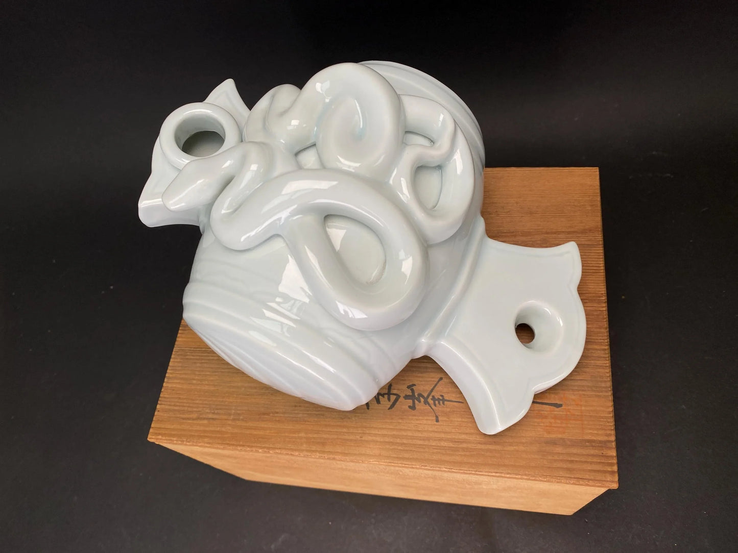 Japanese Celadon Zodiac Snake Mallet Figurine by Takamine, Porcelain Hammer Statue with Original Wooden Box, Vintage Japan