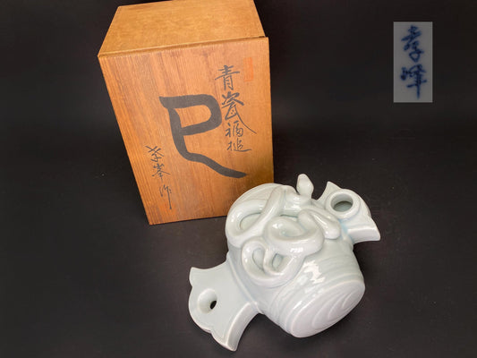Japanese Celadon Zodiac Snake Mallet Figurine by Takamine, Porcelain Hammer Statue with Original Wooden Box, Vintage Japan